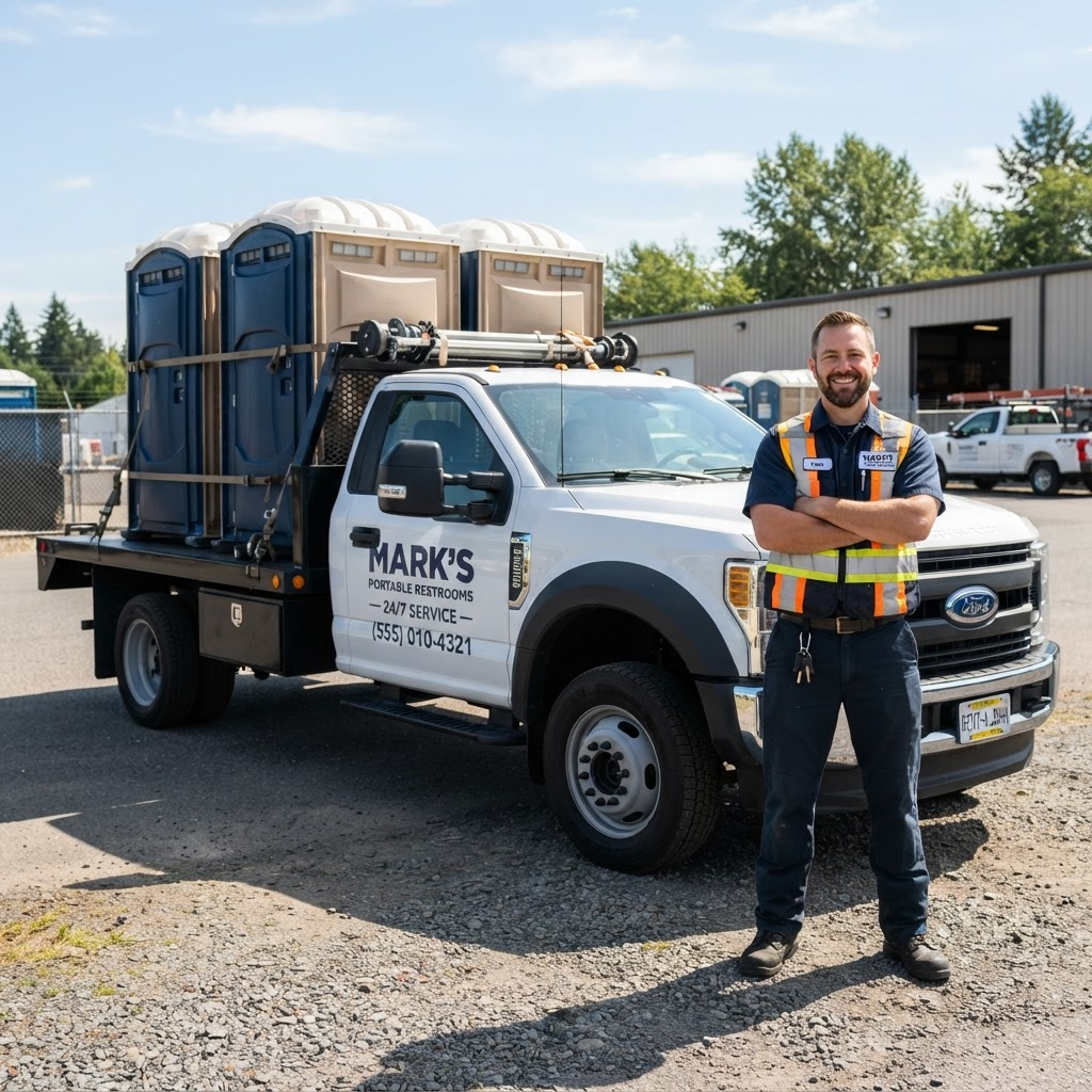 Sunrise Restroom Logistics delivery driver with a service truck